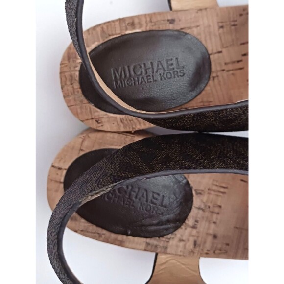 Michael Kors Thong Sandal Brown MK Logo Cork Block Heel Buckle Ankle Strap Sz 6 - Picture 9 of 12